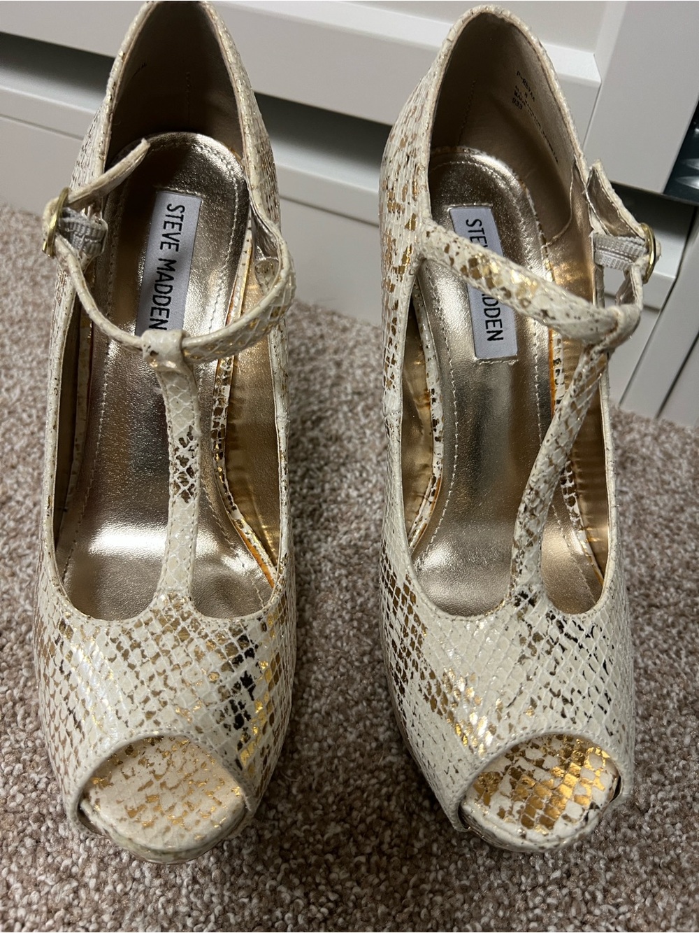 Steve Madden Ivory and Gold Snake-Print T-Strap Peep Toe Heels